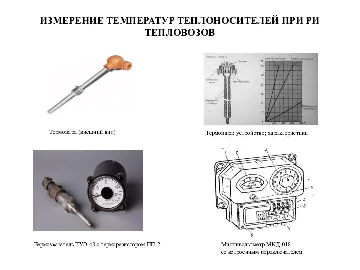 ИЗМЕРЕНИЕ ТЕМПЕРАТУР ТЕПЛОНОСИТЕЛЕЙ ПРИ РИ ТЕПЛОВОЗОВ Термопара (внешний вид) Термоуказатель ТУЭ-48 с