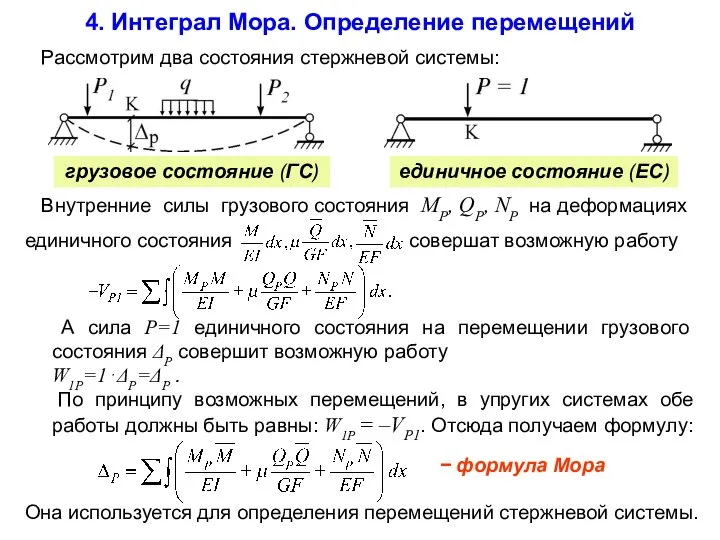 Внутренние силы грузового состояния MP, QP, NP на деформациях единичного состояния совершат