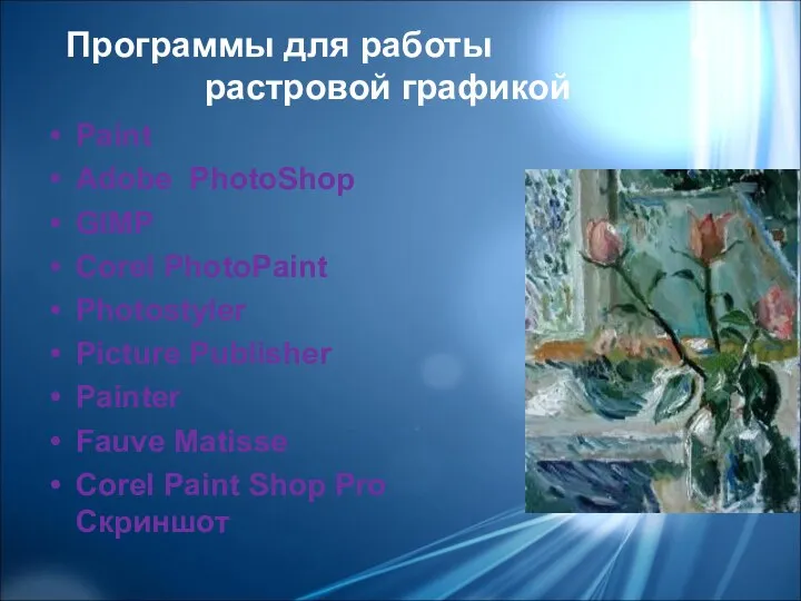 Paint Adobe PhotoShop GIMP Corel PhotoPaint Photostyler Picture Publisher Painter Fauve Matisse