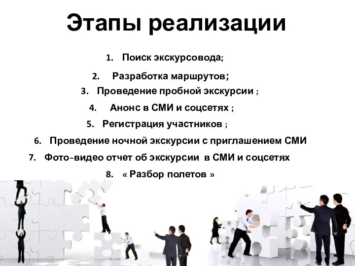 Этапы реализации Поиск экскурсовода; Разработка маршрутов; Проведение пробной экскурсии ; Анонс в