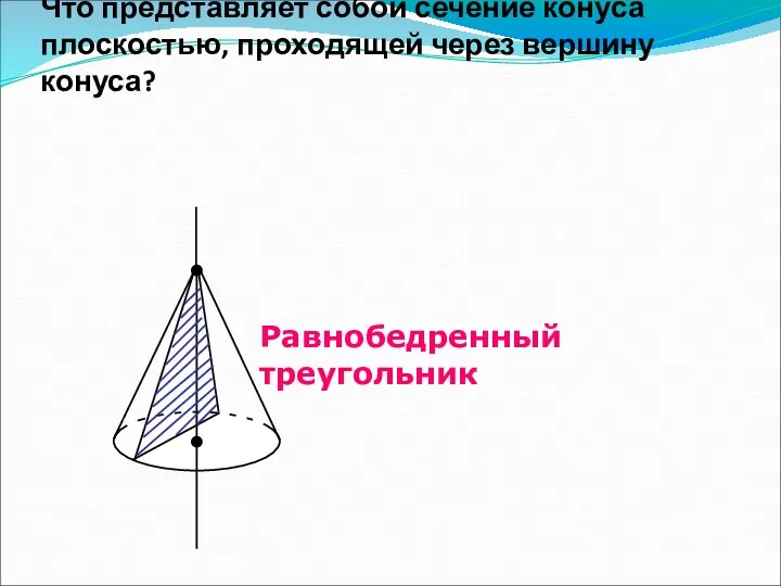 Что представляет собой сечение конуса плоскостью, проходящей через вершину конуса? Равнобедренный треугольник