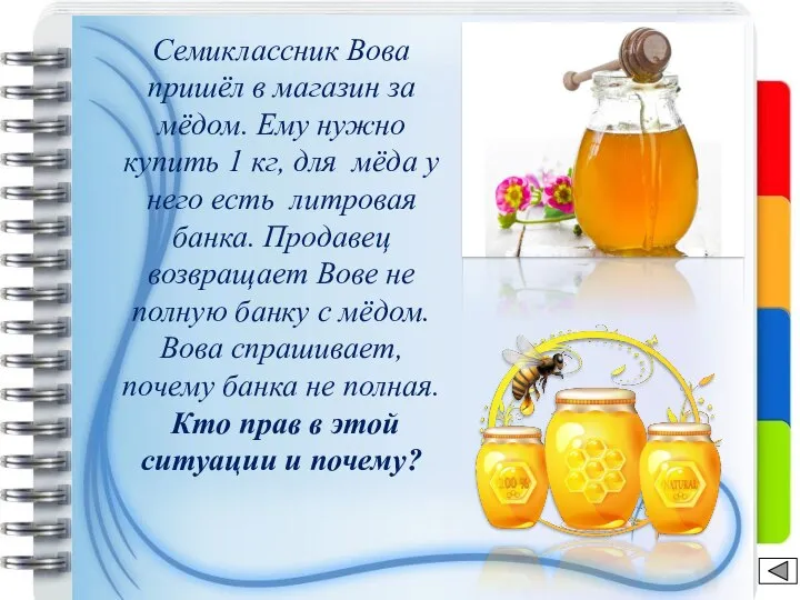Семиклассник Вова пришёл в магазин за мёдом. Ему нужно купить 1 кг,