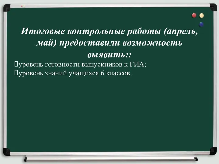 Итоговые контрольные работы (апрель, май) предоставили возможность выявить:: уровень готовности выпускников к