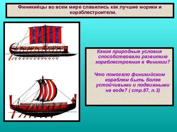 Какие природные условия способствовали развитию кораблестроения в Финикии? Что помогало финикийским кораблям