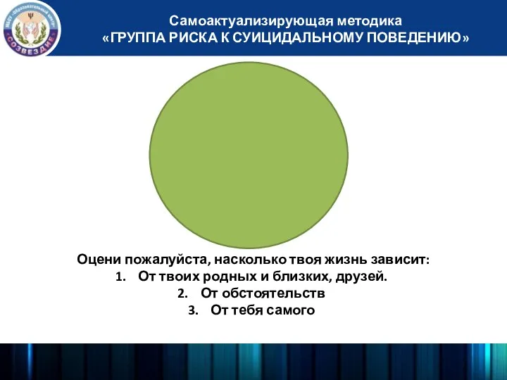 Самоактуализирующая методика «ГРУППА РИСКА К СУИЦИДАЛЬНОМУ ПОВЕДЕНИЮ» Оцени пожалуйста, насколько твоя жизнь