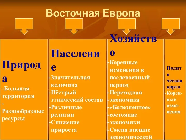 Восточная Европа Природа -Большая территория -Разнообразные ресурсы Население Значительная величина Пёстрый этнический