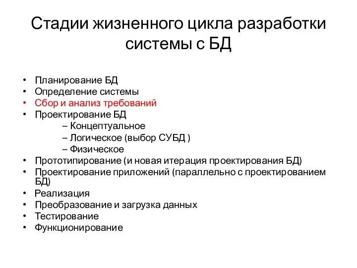 Стадии жизненного цикла разработки системы с БД Планирование БД Определение системы Сбор