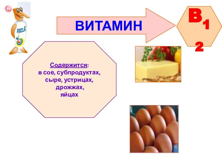 ВИТАМИН B12 Содержится: в сое, субпродуктах, сыре, устрицах, дрожжах, яйцах