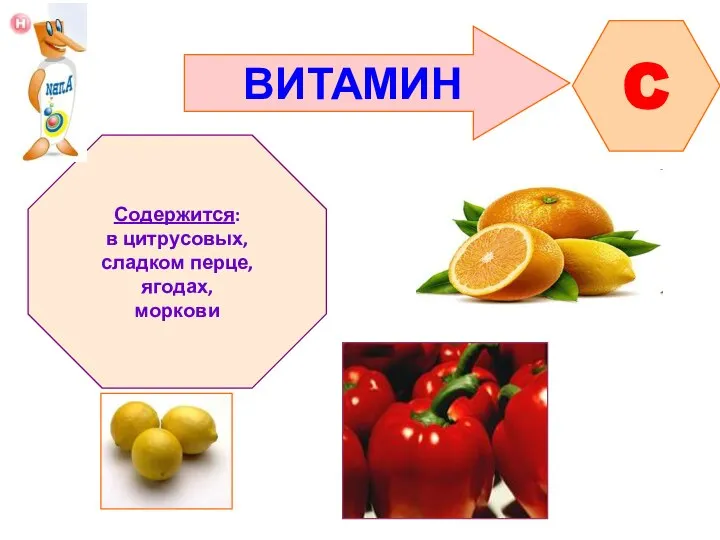 ВИТАМИН C Содержится: в цитрусовых, сладком перце, ягодах, моркови