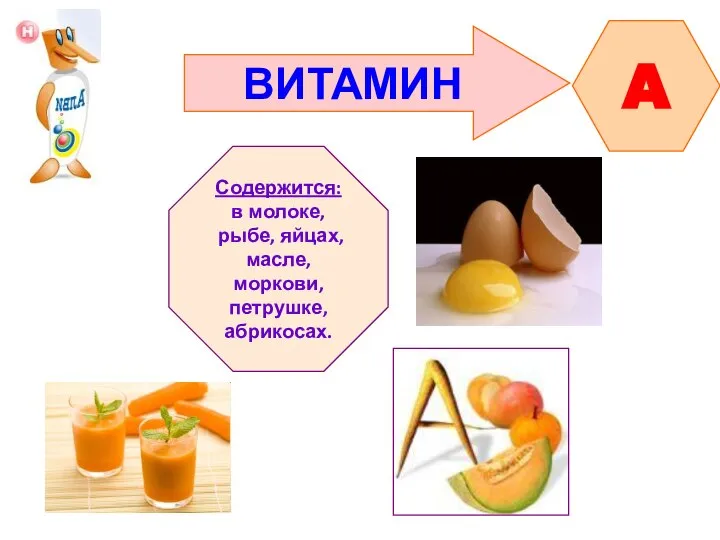 ВИТАМИН A Содержится: в молоке, рыбе, яйцах, масле, моркови, петрушке, абрикосах.