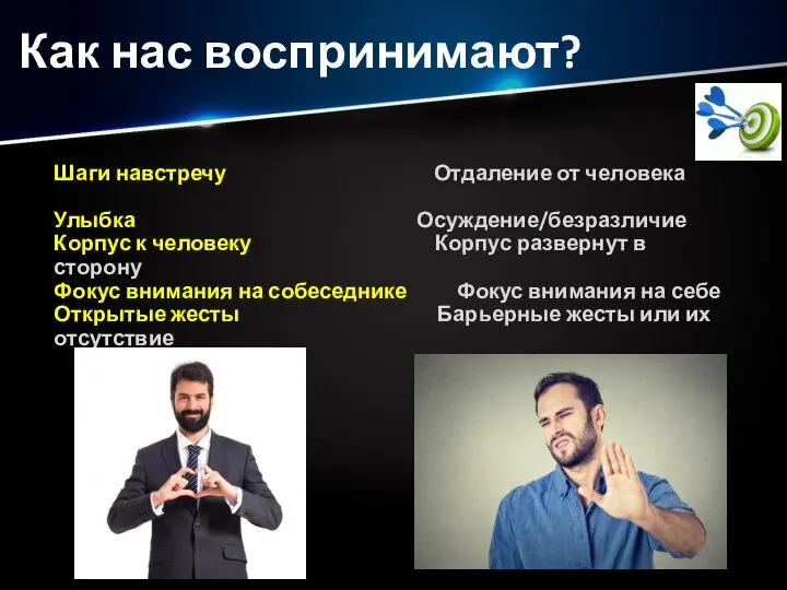 Как нас воспринимают? Шаги навстречу Отдаление от человека Улыбка Осуждение/безразличие Корпус к