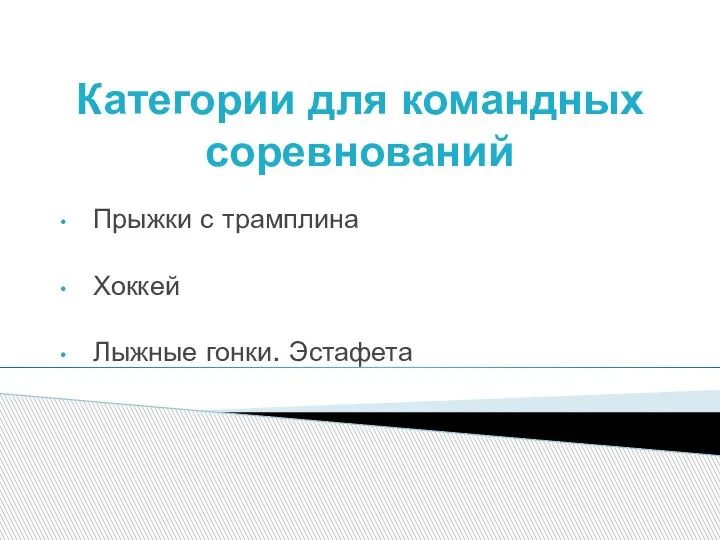 Категории для командных соревнований Прыжки с трамплина Хоккей Лыжные гонки. Эстафета