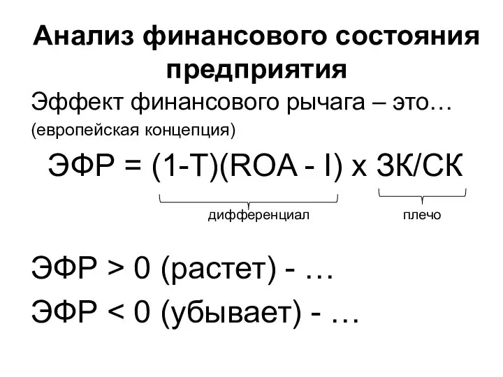 Анализ финансового состояния предприятия Эффект финансового рычага – это… (европейская концепция) ЭФР