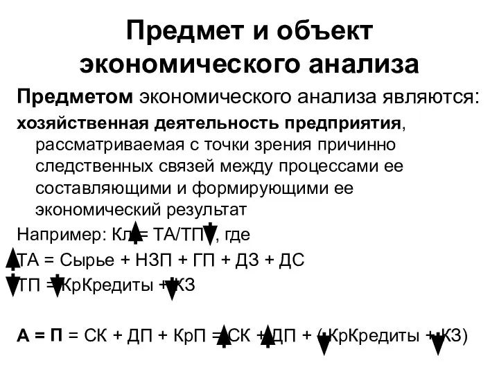 Предмет и объект экономического анализа Предметом экономического анализа являются: хозяйственная деятельность предприятия,