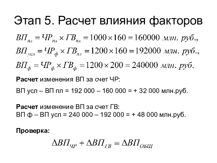 Этап 5. Расчет влияния факторов Расчет изменения ВП за счет ЧР: ВП