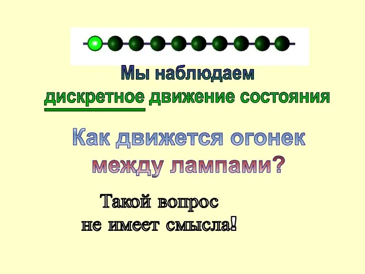 Как движется огонек между лампами? Мы наблюдаем дискретное движение состояния Такой вопрос не имеет смысла!