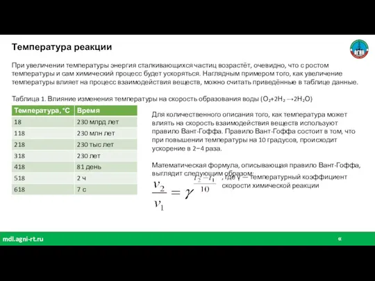 « химия» mdl.agni-rt.ru Температура реакции При увеличении температуры энергия сталкивающихся частиц возрастёт,