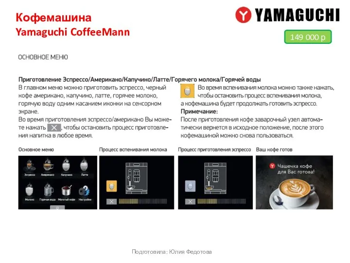 Кофемашина Yamaguchi CoffeeMann Подготовила: Юлия Федотова 149 000 р