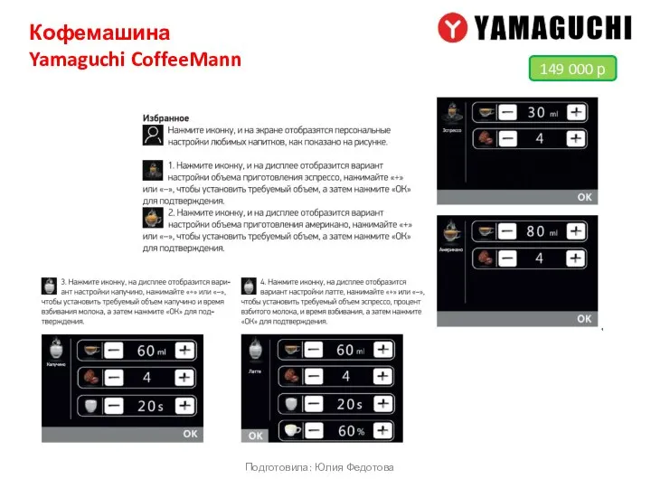 Кофемашина Yamaguchi CoffeeMann Подготовила: Юлия Федотова 149 000 р