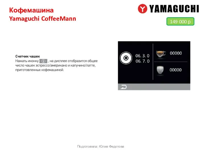 Кофемашина Yamaguchi CoffeeMann Подготовила: Юлия Федотова 149 000 р