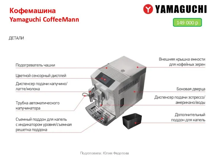 Кофемашина Yamaguchi CoffeeMann Подготовила: Юлия Федотова 149 000 р