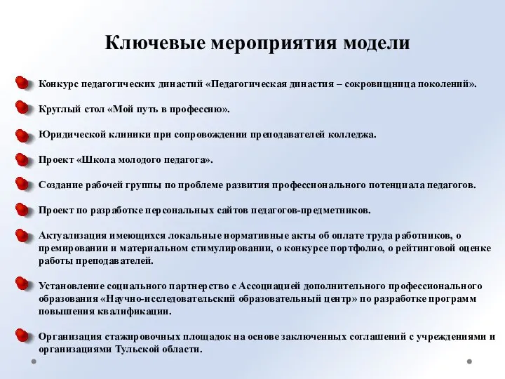 Ключевые мероприятия модели Конкурс педагогических династий «Педагогическая династия – сокровищница поколений». Круглый