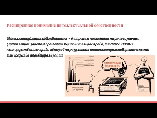 Расширенное понимание интеллектуальной собственности Интеллектуа́льная со́бственность — в широком понимании термин означает