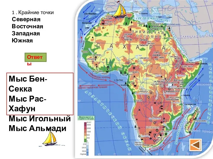 1 . Крайние точки Северная Восточная Западная Южная Ответы Мыс Бен- Секка