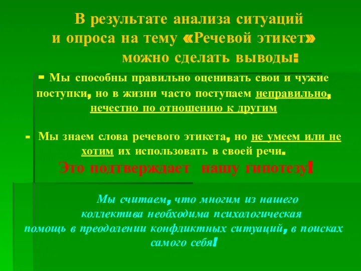 В результате анализа ситуаций и опроса на тему «Речевой этикет» можно сделать