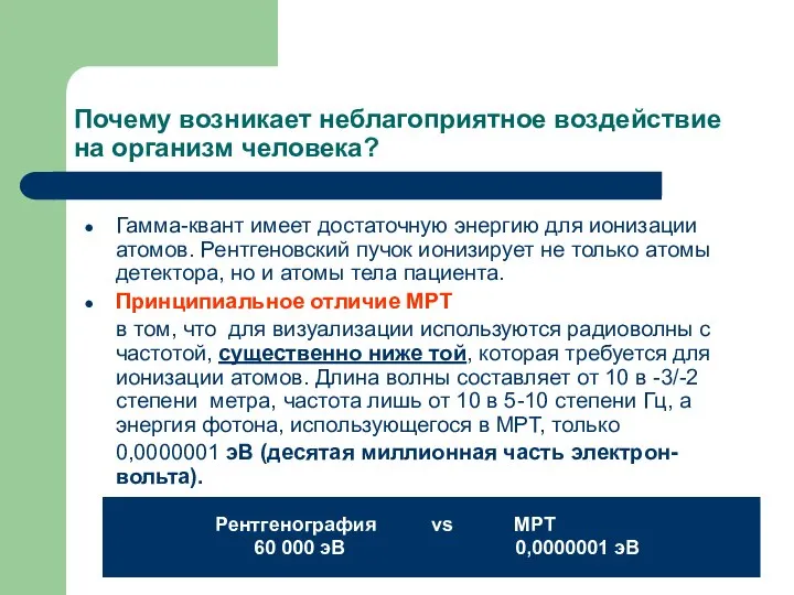 Почему возникает неблагоприятное воздействие на организм человека? Гамма-квант имеет достаточную энергию для