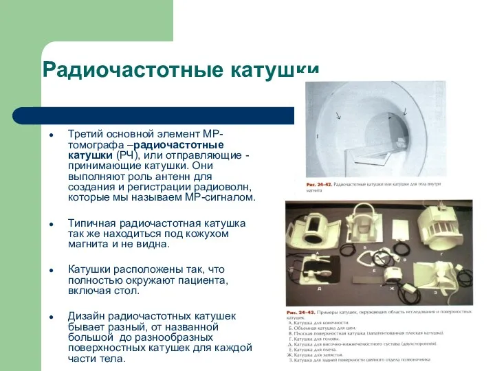 Радиочастотные катушки Третий основной элемент МР-томографа –радиочастотные катушки (РЧ), или отправляющие -