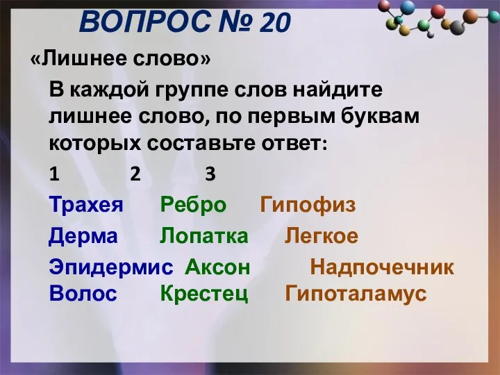 «Лишнее слово» В каждой группе слов найдите лишнее слово, по первым буквам