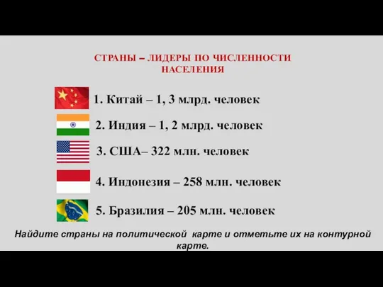 СТРАНЫ – ЛИДЕРЫ ПО ЧИСЛЕННОСТИ НАСЕЛЕНИЯ 1. Китай – 1, 3 млрд.