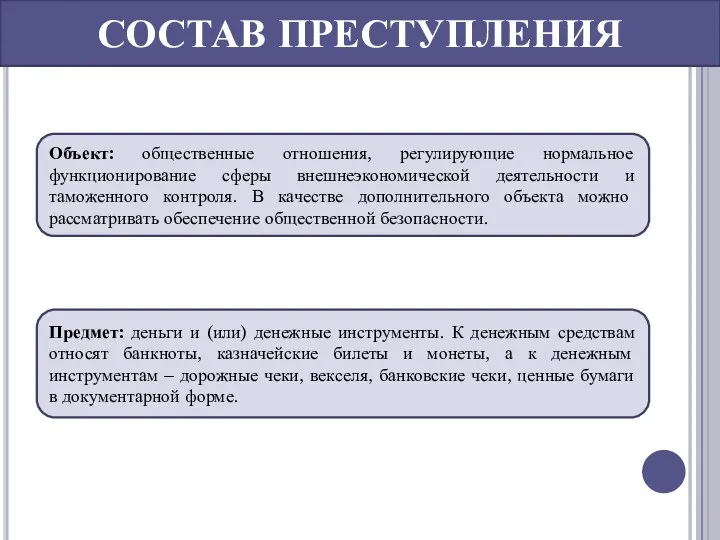 СОСТАВ ПРЕСТУПЛЕНИЯ Объект: общественные отношения, регулирующие нормальное функционирование сферы внешнеэкономической деятельности и