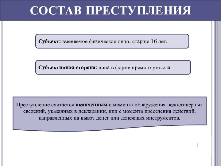 СОСТАВ ПРЕСТУПЛЕНИЯ Субъект: вменяемое физическое лицо, старше 16 лет. Субъективная сторона: вина