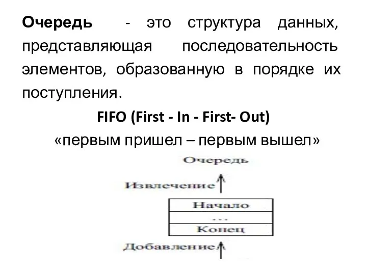 Очередь - это структура данных, представляющая последовательность элементов, образованную в порядке их