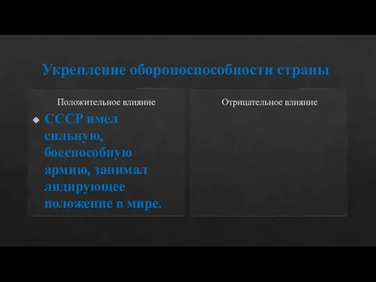 Укрепление обороноспособности страны Положительное влияние СССР имел сильную, боеспособную армию, занимал лидирующее