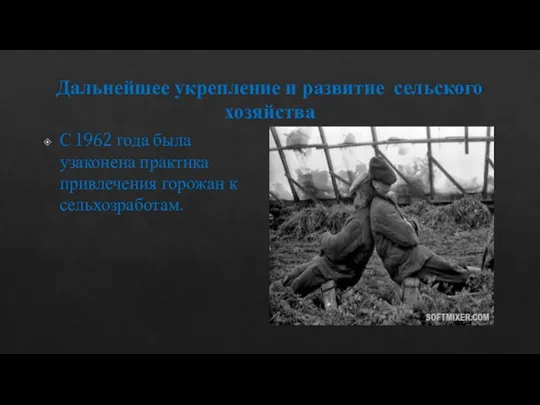 Дальнейшее укрепление и развитие сельского хозяйства С 1962 года была узаконена практика привлечения горожан к сельхозработам.