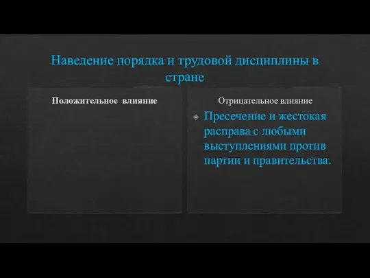 Наведение порядка и трудовой дисциплины в стране Положительное влияние Отрицательное влияние Пресечение