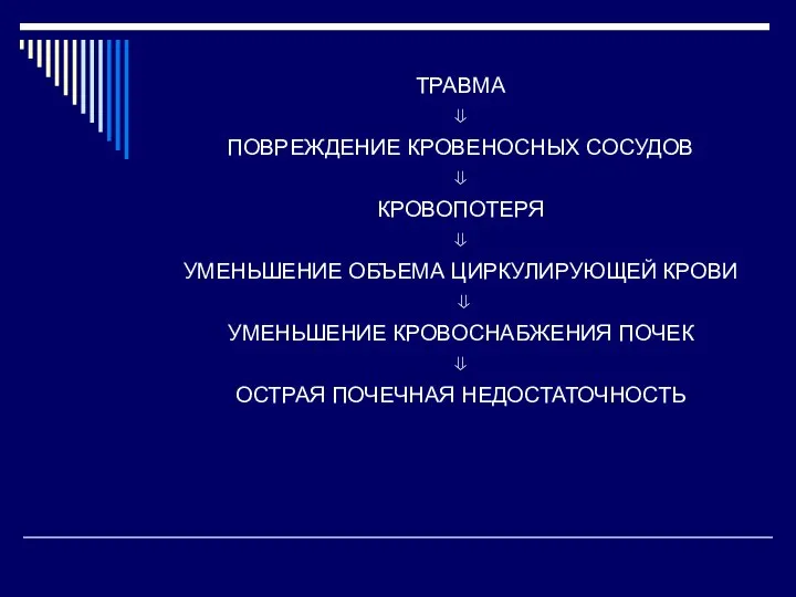 ТРАВМА ⇓ ПОВРЕЖДЕНИЕ КРОВЕНОСНЫХ СОСУДОВ ⇓ КРОВОПОТЕРЯ ⇓ УМЕНЬШЕНИЕ ОБЪЕМА ЦИРКУЛИРУЮЩЕЙ КРОВИ