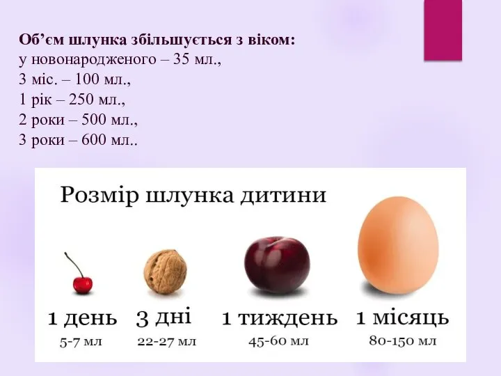 Об’єм шлунка збільшується з віком: у новонародженого – 35 мл., 3 міс.