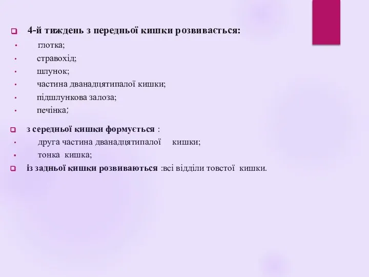 4-й тиждень з передньої кишки розвивається: глотка; стравохід; шлунок; частина дванадцяти​палої кишки;