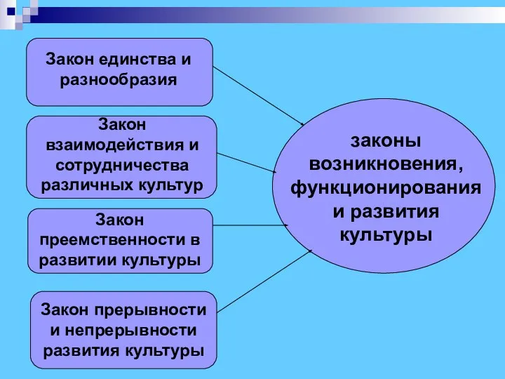 Закон единства и разнообразия Закон взаимодействия и сотрудничества различных культур Закон преемственности