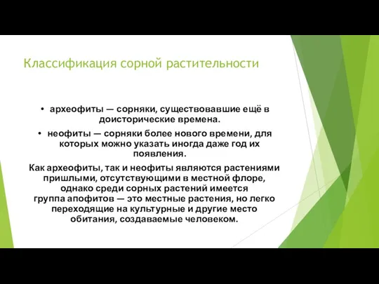 Классификация сорной растительности археофиты — сорняки, существовавшие ещё в доисторические времена. неофиты