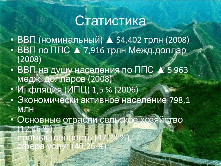 Статистика ВВП (номинальный) ▲ $4,402 трлн (2008) ВВП по ППС ▲ 7,916