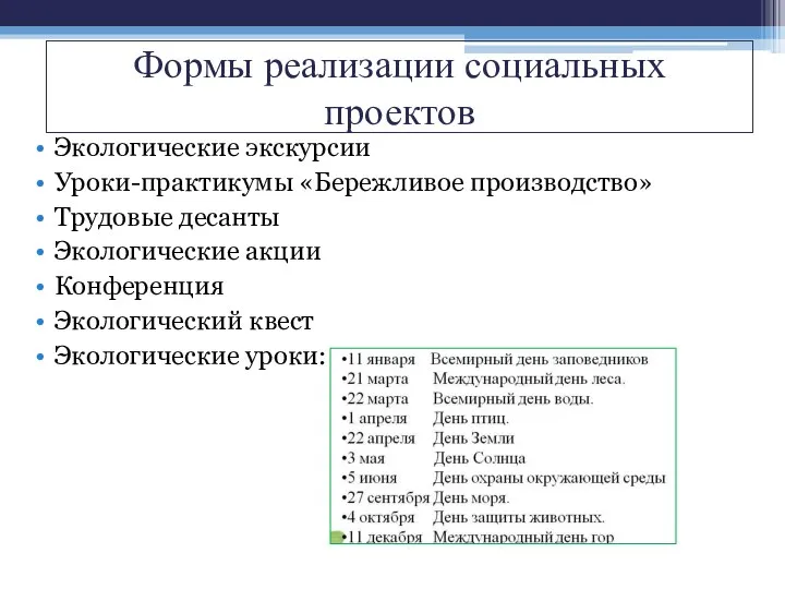 Формы реализации социальных проектов Экологические экскурсии Уроки-практикумы «Бережливое производство» Трудовые десанты Экологические