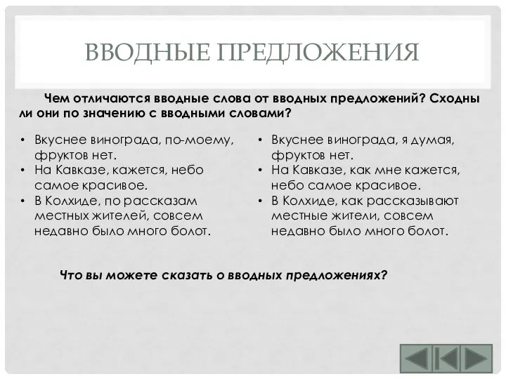 ВВОДНЫЕ ПРЕДЛОЖЕНИЯ Чем отличаются вводные слова от вводных предложений? Сходны ли они