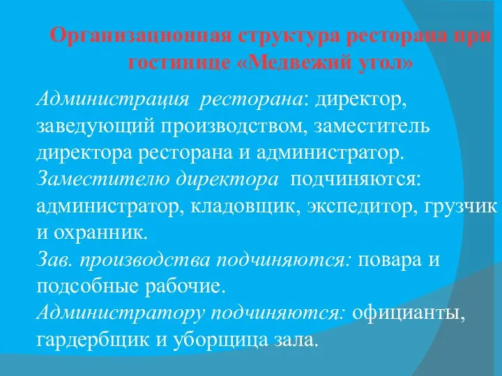 Организационная структура ресторана при гостинице «Медвежий угол» Администрация ресторана: директор, заведующий производством,