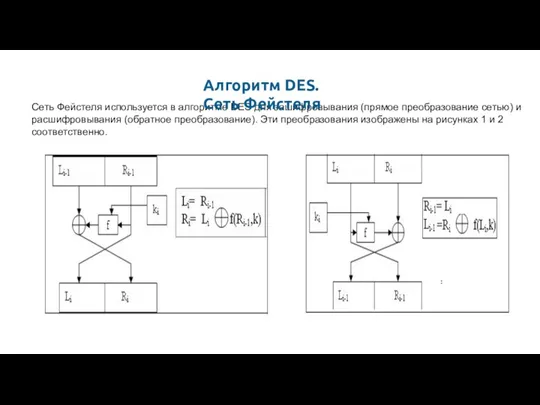 Сеть Фейстеля используется в алгоритме DES для зашифровывания (прямое преобразование сетью) и