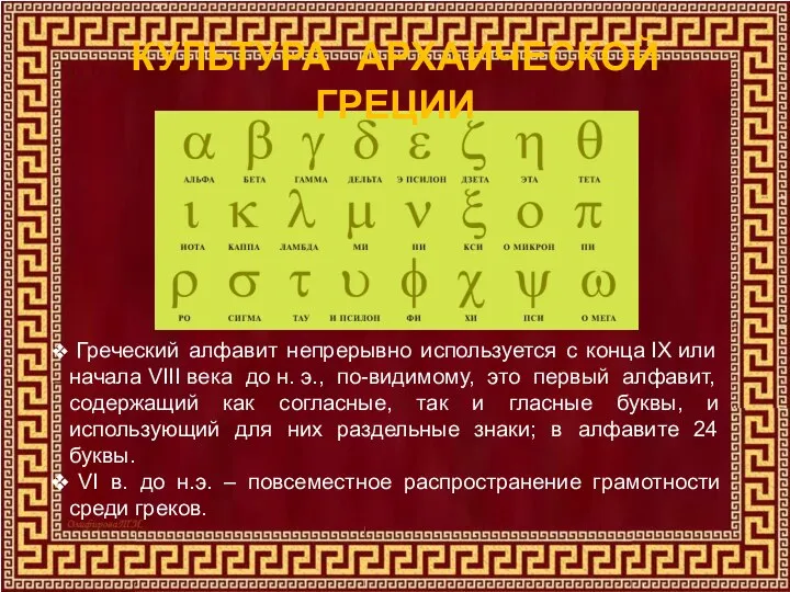 КУЛЬТУРА АРХАИЧЕСКОЙ ГРЕЦИИ Греческий алфавит непрерывно используется с конца IX или начала